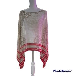 Chicos XL lightweight Poncho Beige background Red pattern and edges. Length 22”